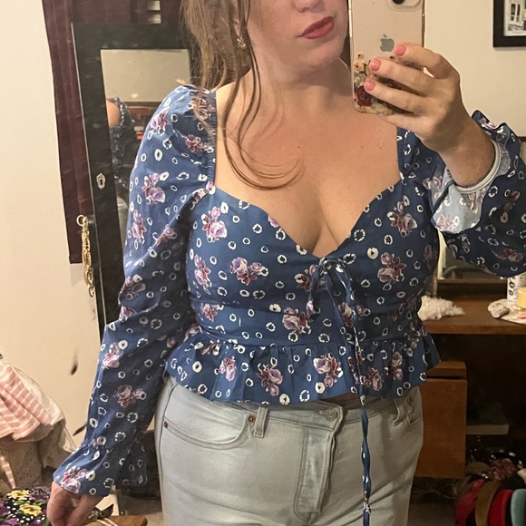 Blue puff sleeve floral summer blouse - Picture 1 of 7